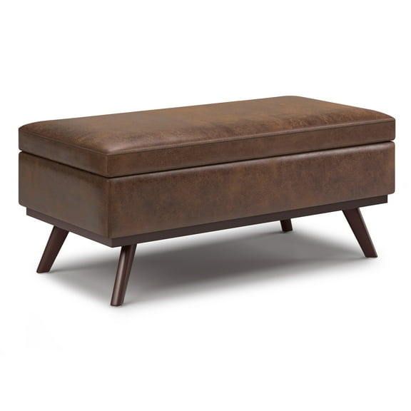 Owen Lift Top Large Coffee Table Storage Ottoman - Distressed Chestnut Brown Faux Leather, 42" W, Mid-Century Modern Accent Furniture for Living Room