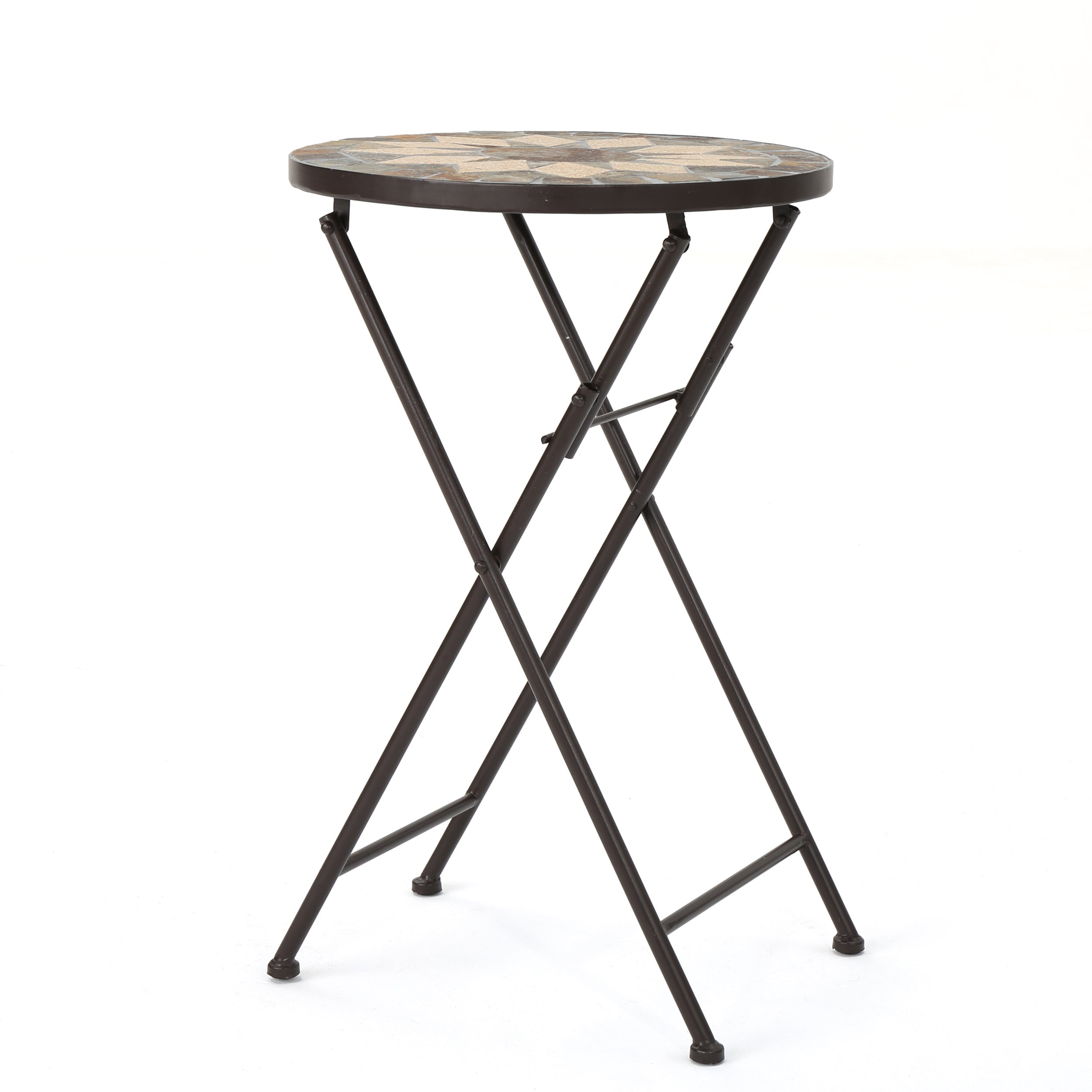 Owen Outdoor Stone Side Table with Iron Frame, Beige and Black