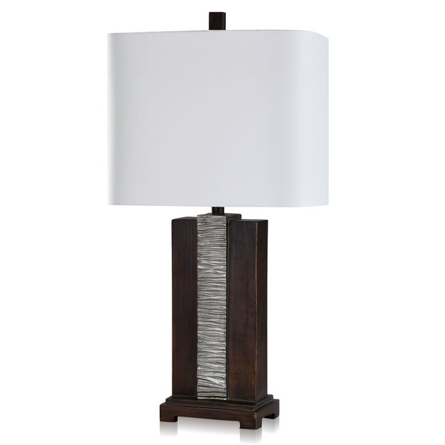 Owen -Transitional Waterfall Resin Table Lamp - Distressed Espresso, Silver Metallic - White Linen Shade