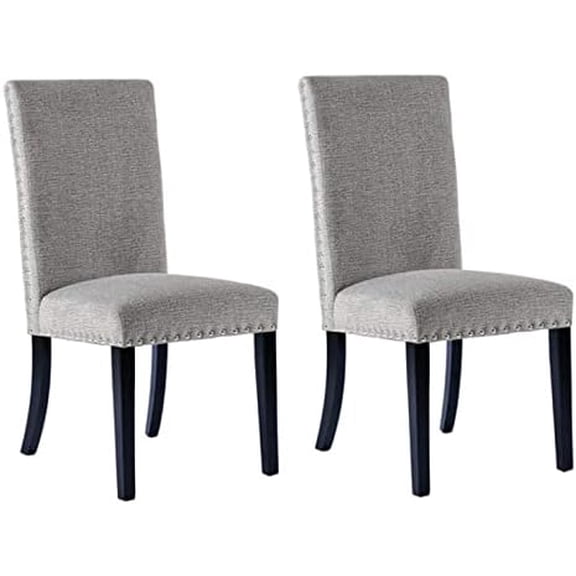 Owen Upholstered Dining Chair Armless Dining Chair in Grey Linen with Black Wooden Leg and Shiny Silver Nailhead (Set of 2)