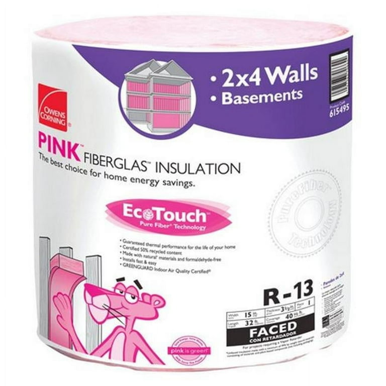 Owens Corning PINK EcoTouch 15 in. W X 32 ft. L R-13 Kraft Faced Fiberglass Insulation Roll 40 sq ft Owens Corning PINK EcoTouch 15 in. W X 32 ft. L R-13 Kraft Faced Fiberglass Insulation Roll 40 sq ft