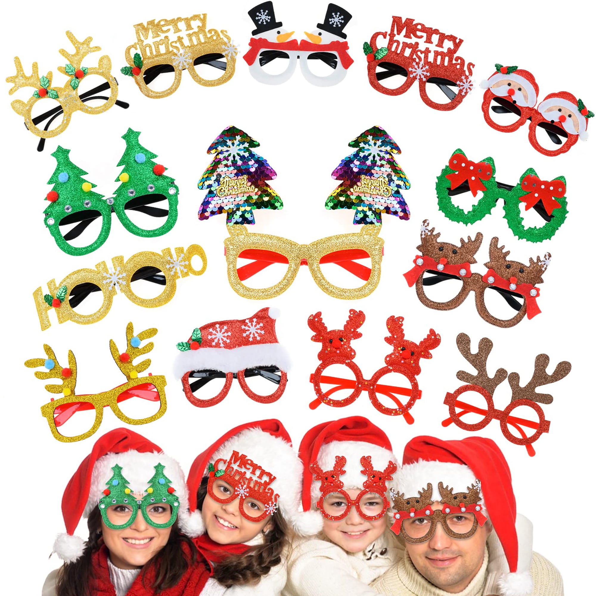 Owis 14 Pack Christmas Glasses for Adults and Kids, Glitter Party