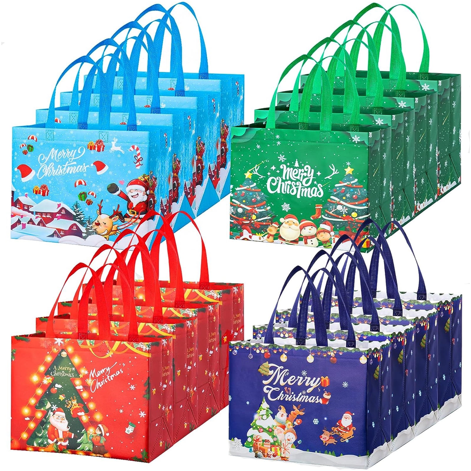 Owis 16 Pack Christmas Gift Bags, Non-woven Reusable Tote Bags with Handles for Xmas Gift Wrapping, 12.8" x 9.7" x 6.7"