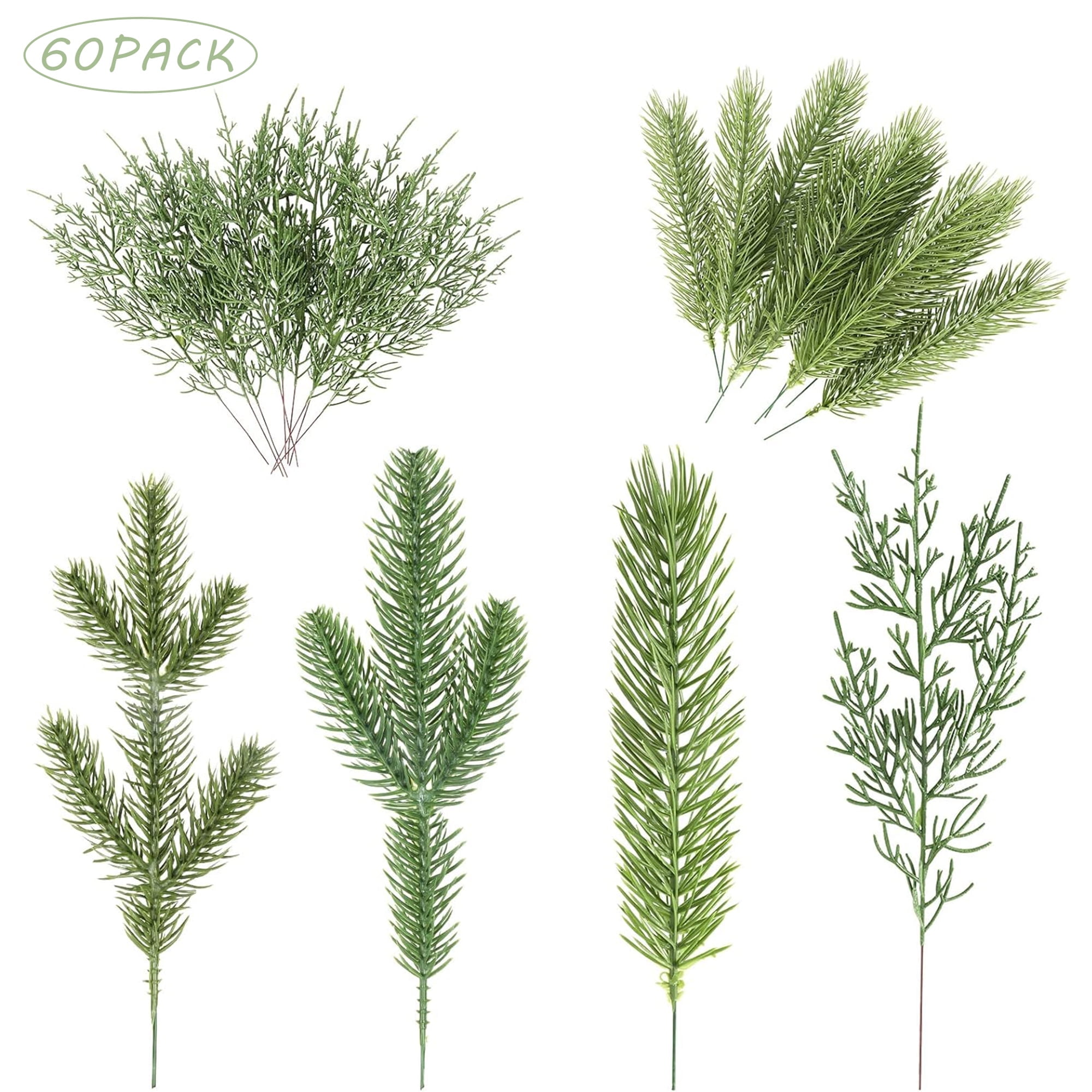 Owis Christmas Artificial Pine Needle Branches, 60 Pack 4 Styles Faux Greenery Pine Picks for DIY Garland Christmas Holiday Home Decor