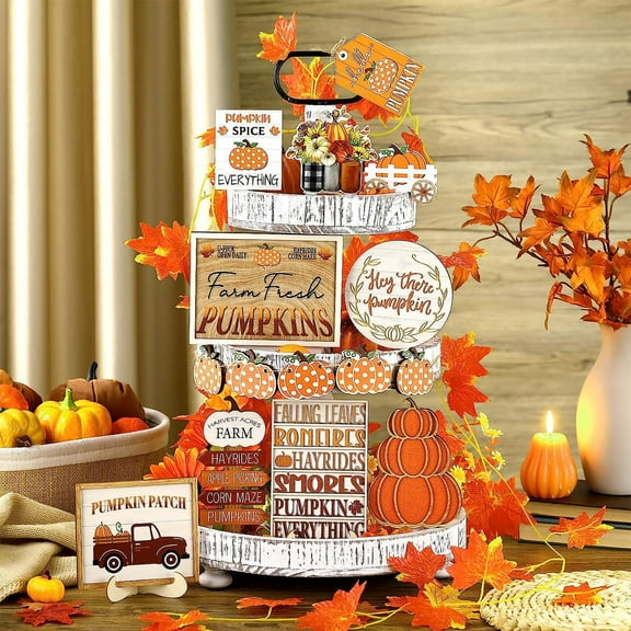 Owis Fall Tiered Tray Decorations Set for Thanksgiving, Farmhouse Pumpkin Truck Autumn Wooden Tabletop Decor for Harvest Holiday
