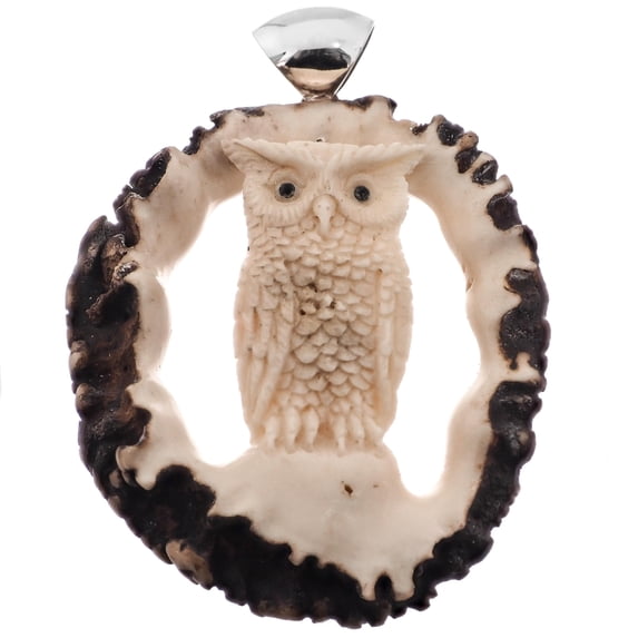 Owl 3D Handcarved Deer Antler Burr 925 Sterling Silver Pendant, 2 3/4"
