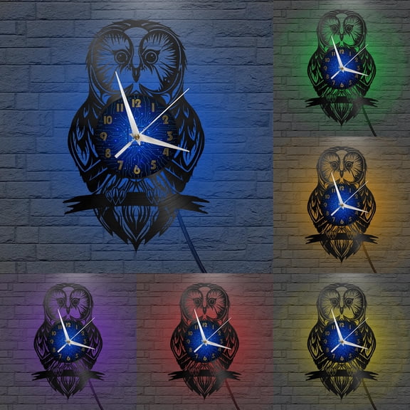 Owl 4 Vinyl Record Wall Clock for Kitchen Wall Decor Wall Art Gift for Lover Gift Idea for a Best Friend(B,with LED)
