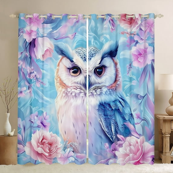 Owl (52Wx84L) 2 Panels Curtains Bohenmian Flowers 30%-50% Blackout Curtains Teens,Pink And Blue Owl Curtains & Drapes Boho Wildlife Animals Window Curtains
