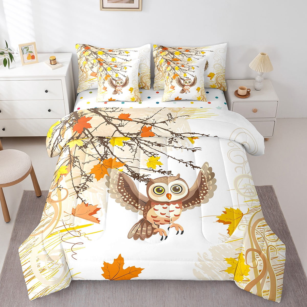 Owl 7 Piece Comforter Set Queen Bed in a Bag,Thanksgiving Fall Leaves ...