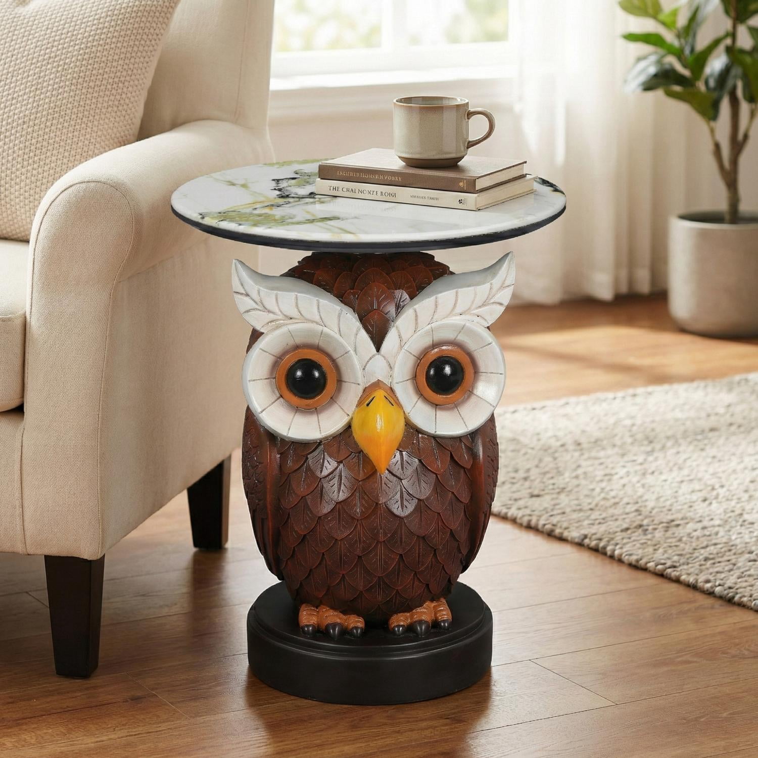 Owl Accent Table, Animal Statue End Table with Faux Marble Top, Resin Sculpture Side Table for Living Room, Office, Entryway, Nature Inspired Decor, Brown+Antique White