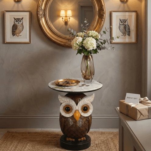 Owl Accent Table Animal Statue End Table with Faux Marble Top for Living Room