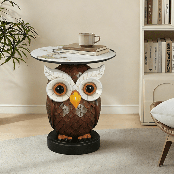 Owl Accent Table with Animal Sculpture Design - Solid Resin End Table for Living Room, Bedroom, Office, Whimsical Statue Side Table Home Decor