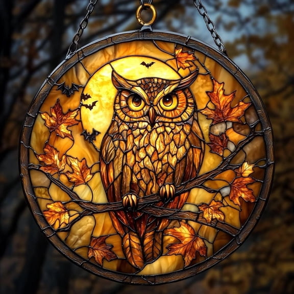 Owl And Moon Faux Stained Glass ACRYLIC Suncatcher - Halloween Window Hanging Round Decor - Autumn Leaves Gift For Fall Lovers