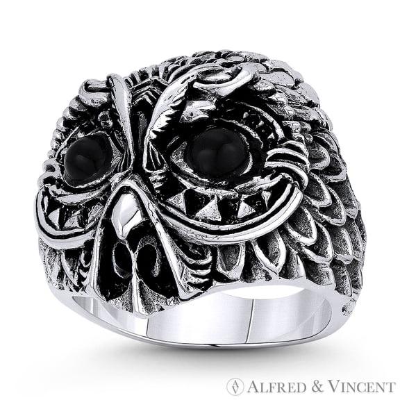 Owl Animal Charm Knowledge & Wisdom Totem Men's Large / Chunky Ring in Oxidized .925 Sterling Silver
