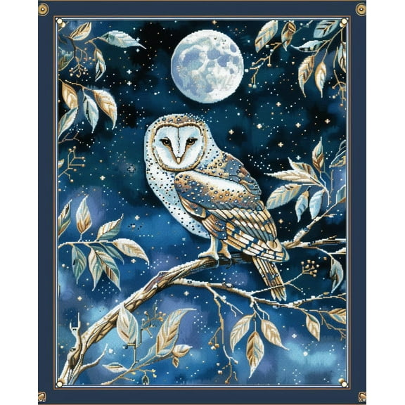 Owl with Antlers Blue Moon Night DIY 11CT Stamped Cross Stitch Kits for Beginners Easy Needlepoint Embroidery Counted Cross Stitch Art Craft for Wall Decoration 12x16inch(3)