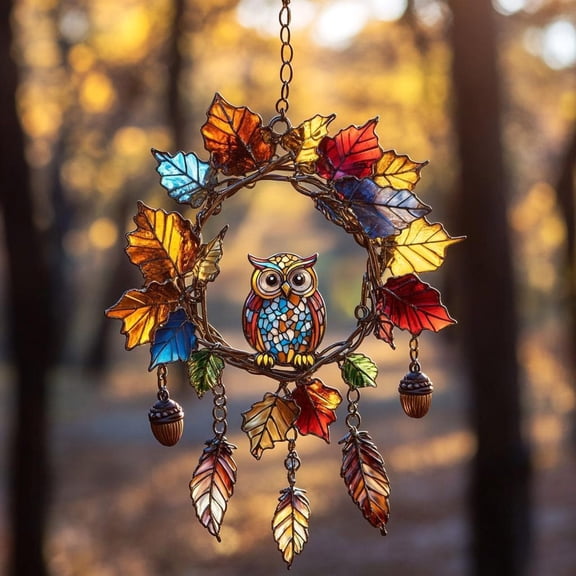 Owl Autumn Leaves Faux Stained Acrylic Suncatcher Wreath - Fall Harvest Thanksgiving Window Hanging Rustic Nature Decor