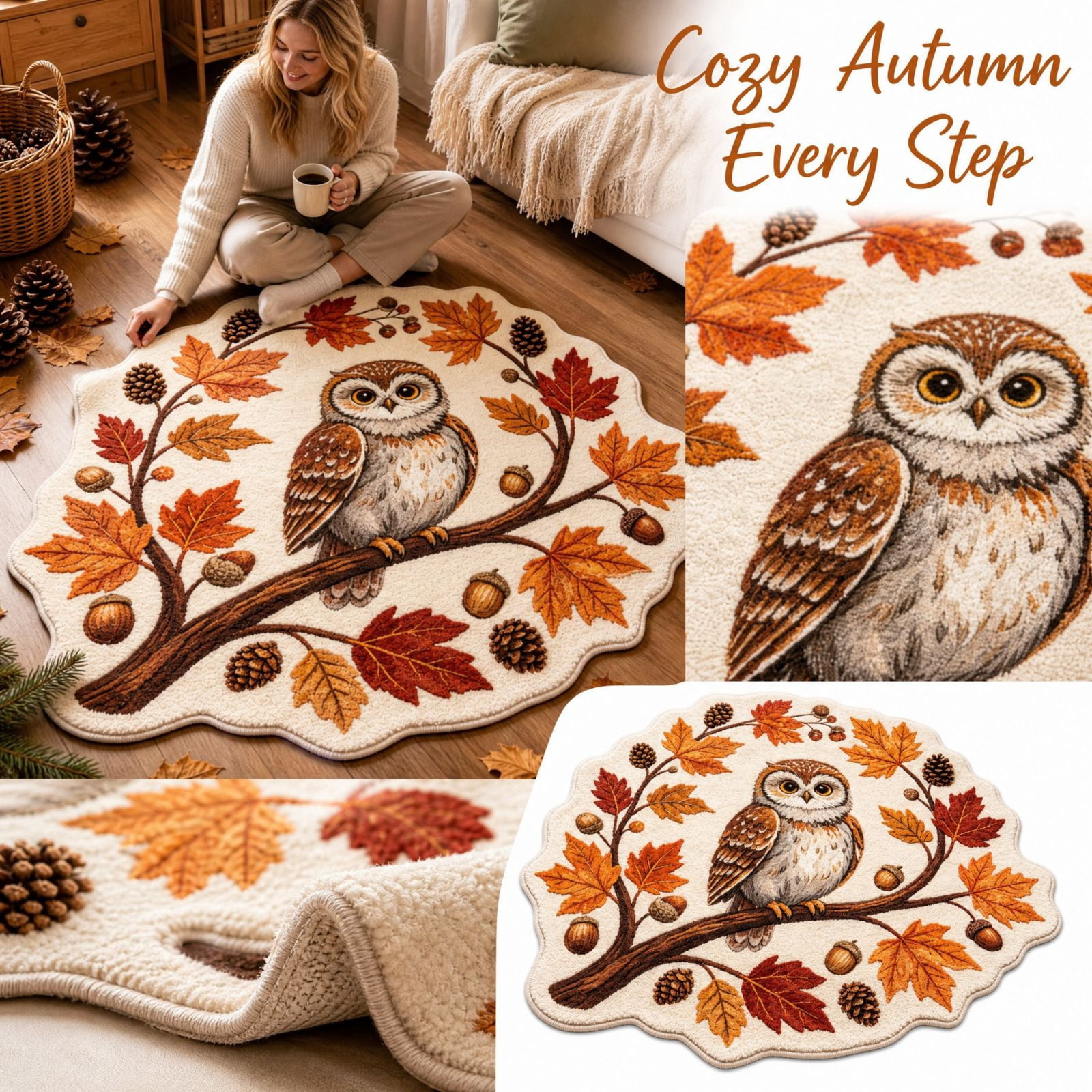 Owl Autumn Maple Leaf Accent Rug Non Slip Washable Fall Themed Doormat ...