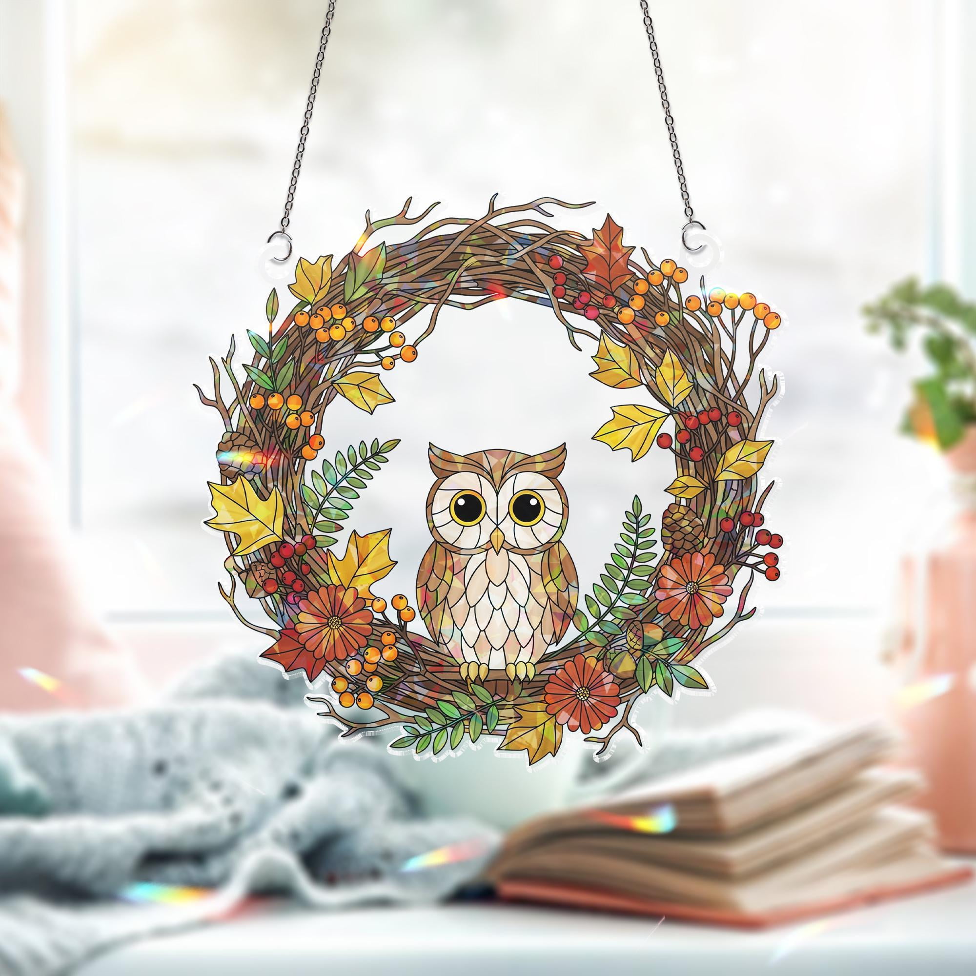 Owl Autumn Wreath Holographic Window Hanging Fall Leaves & Berry Sun Catcher, Rustic Owl Seasonal Window Decor