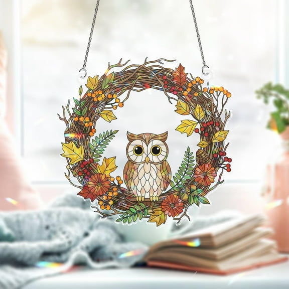 Owl Autumn Wreath Holographic Window Hanging Fall Leaves & Berry Sun Catcher, Rustic Owl Seasonal Window Decor