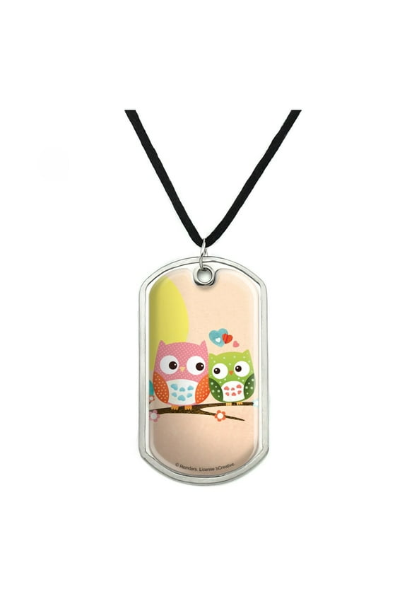 Owl BFFs Best Friends Couple Love Military Dog Tag Pendant Necklace with Cord