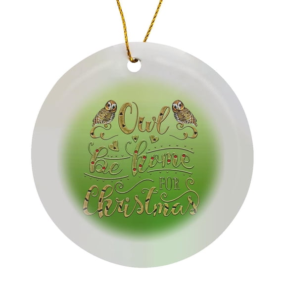 3drose, Owl Be Home for Christmas, Two Gold Colored Owls, Circle Porcelain Ornament