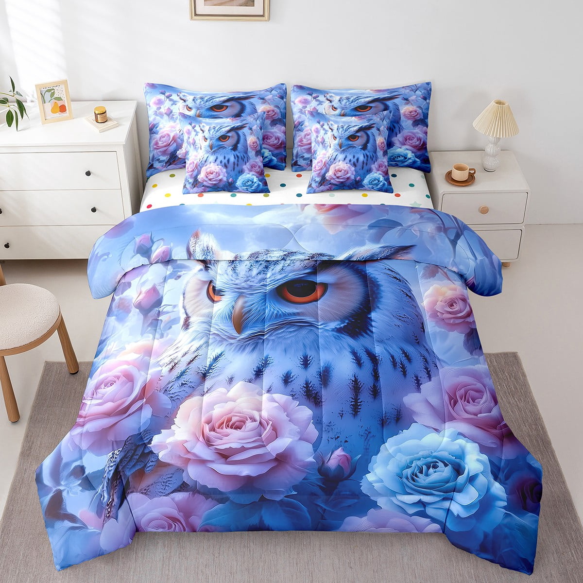 Owl Bed In A Bag Pink Floral Decor King Comforter Set 7 Pieces,Lovely ...