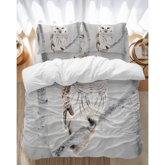 Owl Bedding Duvet Cover Set King Size 4 Pieces Cute White Owl Perch On Tree Branch Snow Forest Bedding Set with Zipper Closure, 1 Comforter Cover 92x106 Inches 1 Flat Sheet & 2 Pillow Cases