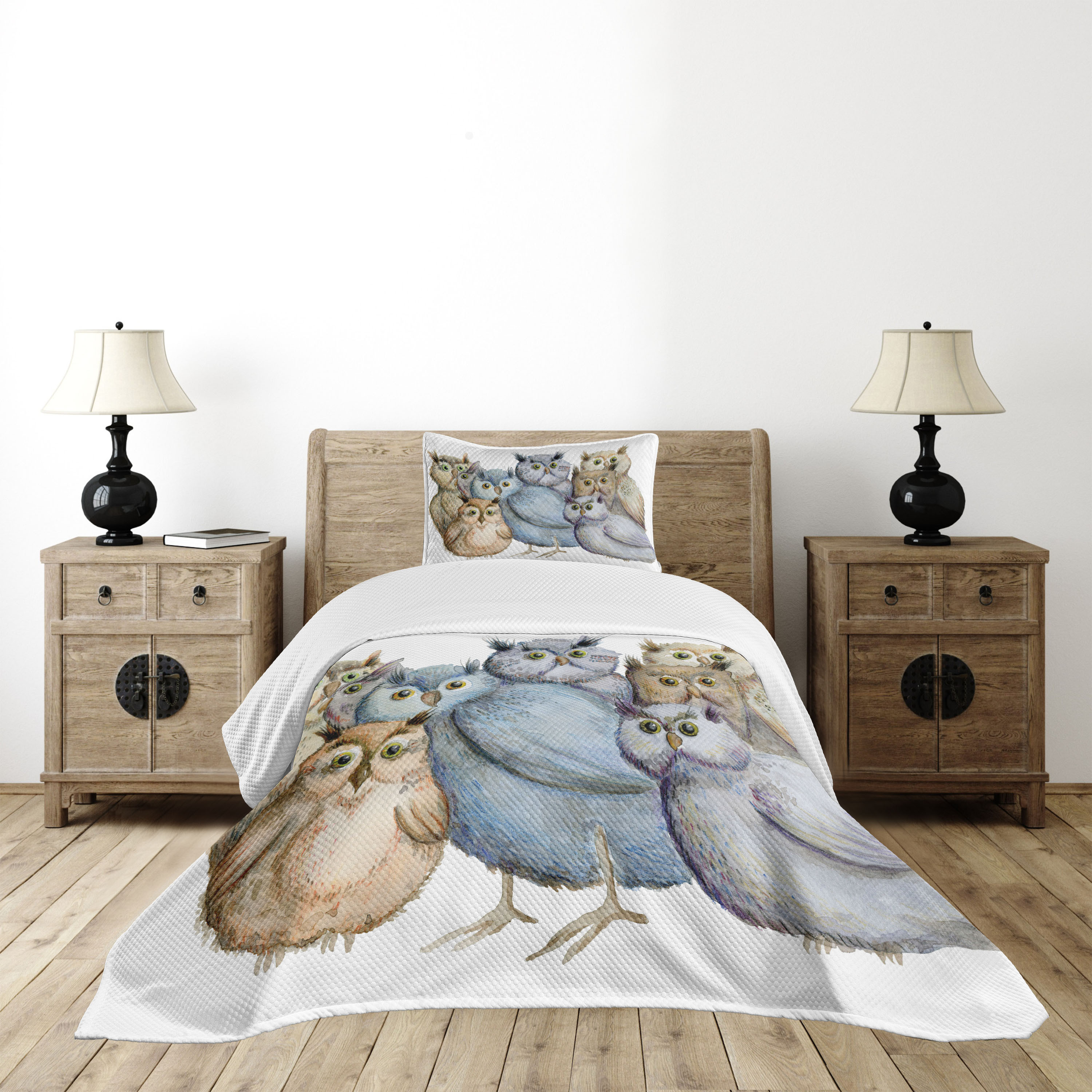 Owl Bedspread Set Twin Size, Watercolor Hand Drawn Cute Owl Family