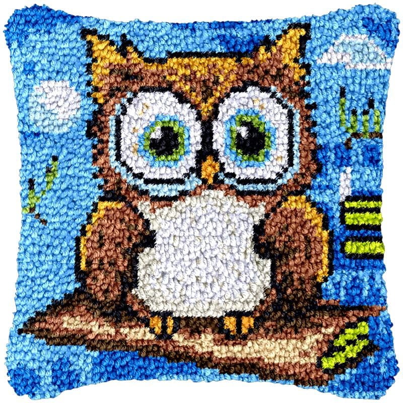 Owl Bird & Book Latch Hook Pillow Cover Kits for Needlework Cushion Throw Pillow Cross Stitch Crochet Hook Pillowcase Rug Kits Printed Canvas Crochet Yarn Kits Needlework 17'' X 17''