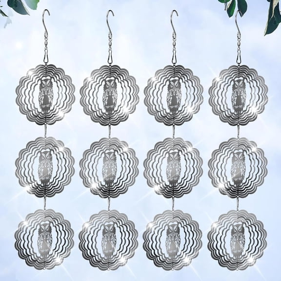 Owl Bird Deterrents for Outside,3D Stainless Steel Wind Spinners Outdoor Decor,Reflective Bird Scare Discs Set,Shiny Bird Reflectors to Keep Woodpecker Pigeon Away from House Patio Yard Porch