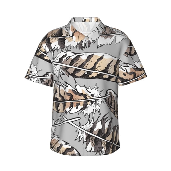 Owl Bird Feathers Men's 3d Print Casual Button Down Shirts, Novelty Hawaiian Short Sleeves L
