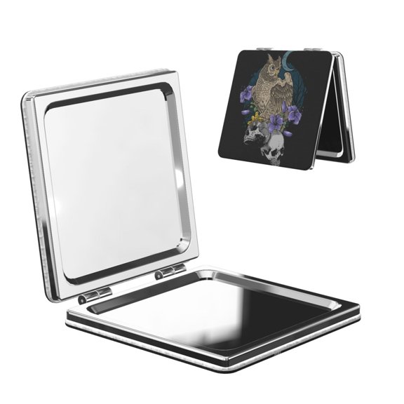 Owl Bird Floral With Skull Portable Double-Sided Face Mirror Square, Magnifying Compact Pocket Mirror with PU Leather Cover