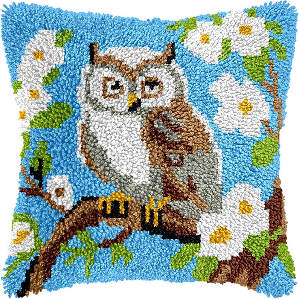 Owl Bird & Flowers Latch Hook Kits Pillow kits Cushion Throw Pillow Embroidery Craft Kits DIY Kits of DIY Hooking Pillowcase Cover Supplier with Color Printed Canvas 43x43cm (43)