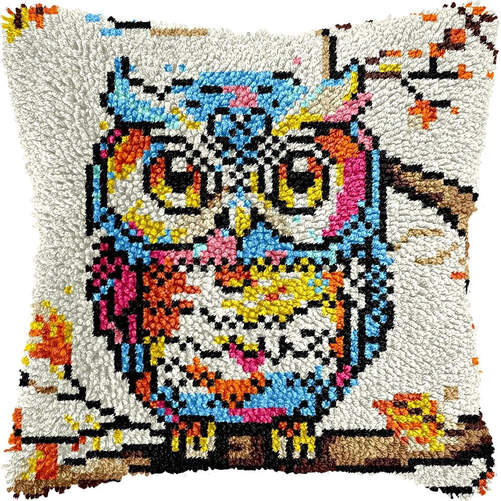 Owl Bird Latch Hook Pillow Kits for DIY Handmade Throw Pillow Cushion Embroidery Latch Hooking Pillowcase Kits with Preprinted Canvas Crochet Yarn Kits 17''X 17''(g149)