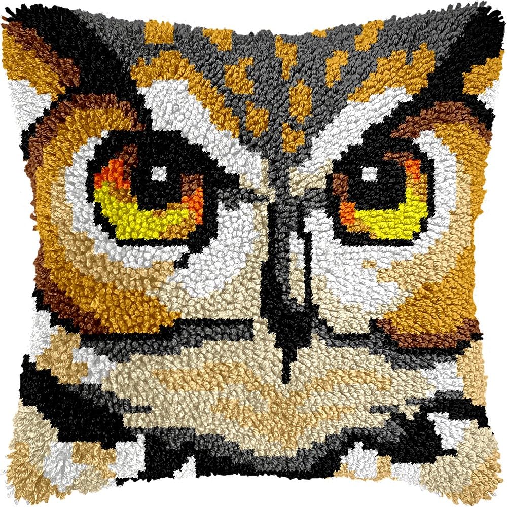 Owl Bird Latch Hook Pillow Kits for DIY Throw Pillow Cushion Embroidery Latch Hooking Pillowcase Kits with Preprinted Canvas Crochet Yarn Kits for Home Decor 17''X 17''(d198)