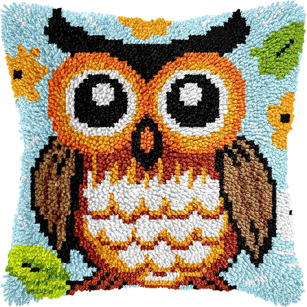 Owl Bird Latch Hook Pillow Kits for DIY Throw Pillow Cushion Embroidery Latch Hooking Pillowcase Kits with Preprinted Canvas Crochet Yarn Kits for Home Decor 17''X 17''(j58)
