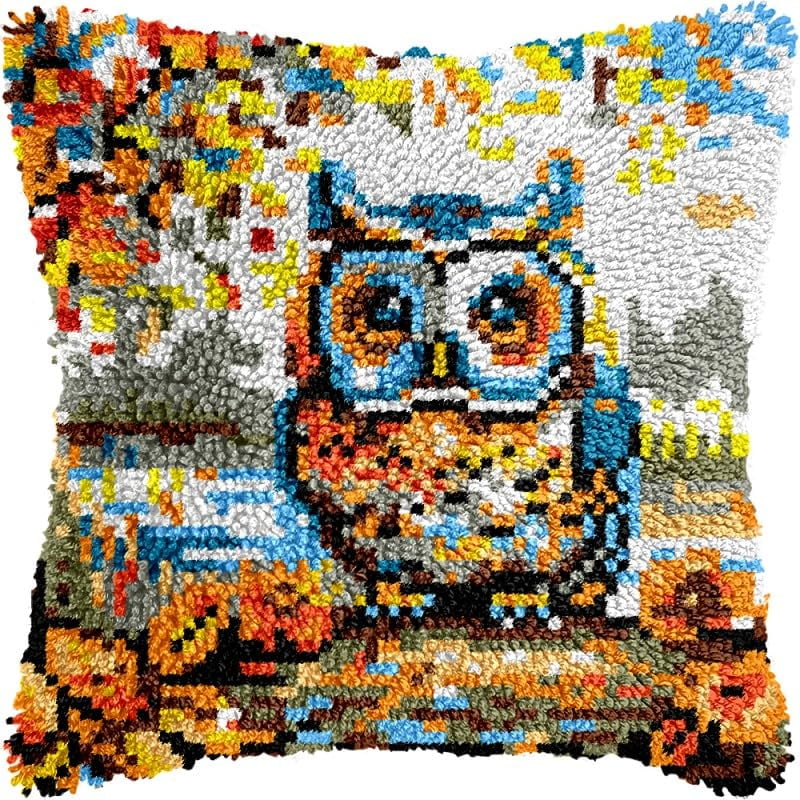 Owl Bird Latch Hook Pillow Kits Pillow Cover Pattern Printed Canvas Crochet Cross Stich Hooking Pillowcase Cushion Crafts Embroidery Latch Hooking Crochet Kits Set 17x17 inch(79)