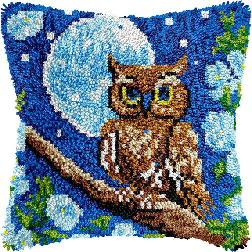 Owl Bird & Moon Latch Hook Pillow Kits for DIY Throw Pillow Cushion Embroidery Latch Hooking Pillowcase Kits with Preprinted Canvas Crochet Yarn Kits for Home Decor 17''X 17''(d143)