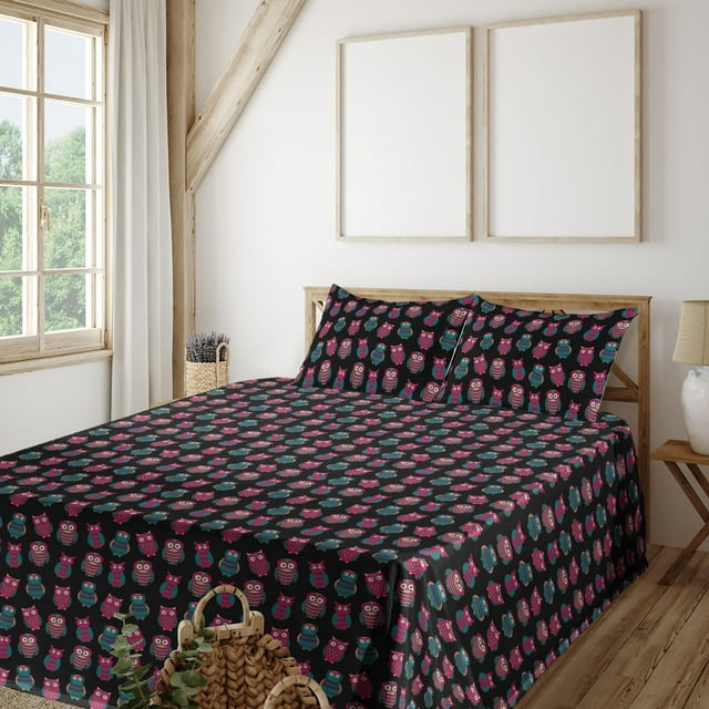 Owl Bird Sheet Set, Night Animal in Funny Boho Cartoon Style Pattern on Dark Background, Fitted & Flat Sheet with Pillowcase Bedding Accent 4 Pcs Set, Queen, Magenta Teal and Peach, by Ambesonne