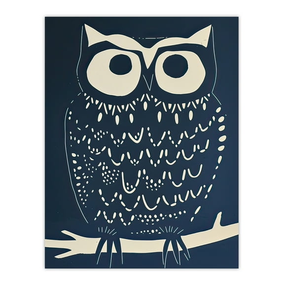 Owl Bird Simple White Blue Block Print Design Living Room Large Wall Art Poster Print Thick Paper 18X24 Inch