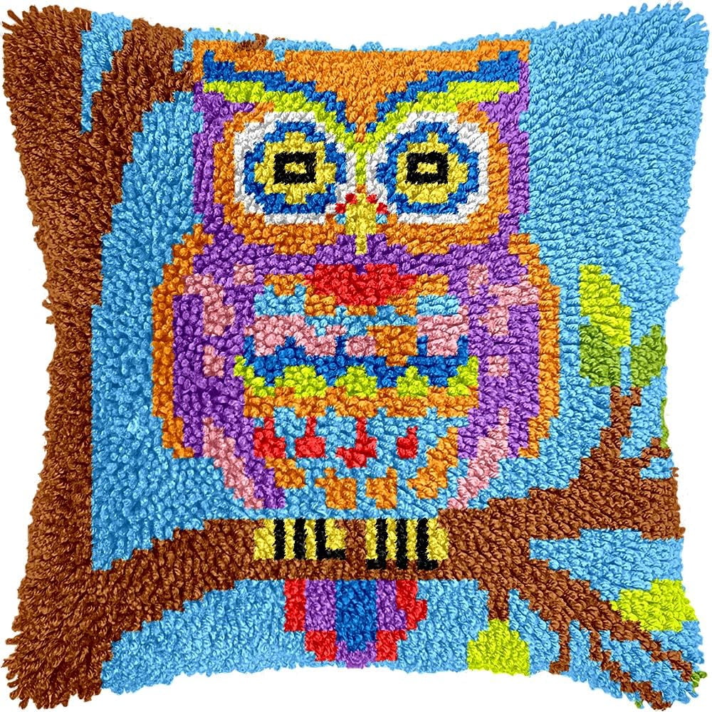 Owl Bird on Tree Latch Hook Pillow Cover Kits for DIY Handmade Throw Pillow Cross Stitch Latch Hooking Pillowcase Kits with Preprinted Color Pattern Canvas Crochet Yarn Kits 17''X 17''(7-147)