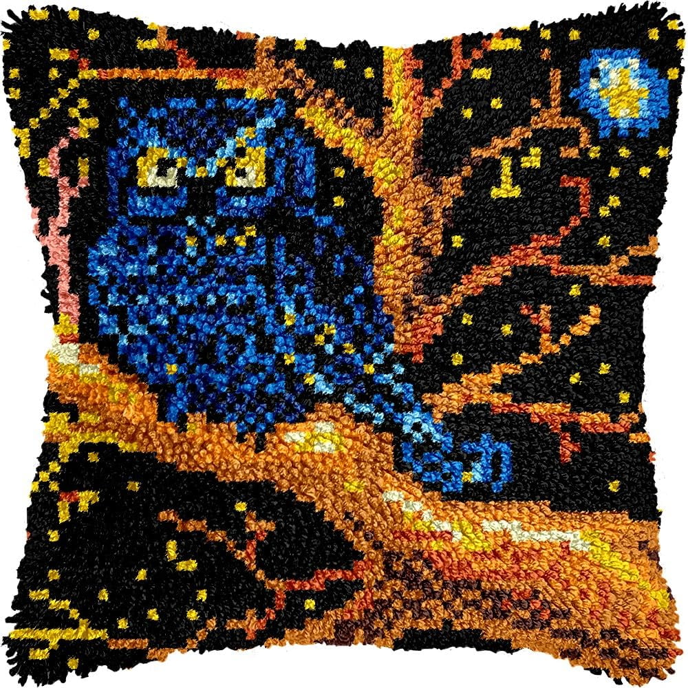 Owl Bird on Tree Latch Hook Pillow Kits for DIY Throw Pillow Cushion Embroidery Latch Hooking Pillowcase Kits with Preprinted Canvas Crochet Yarn Kits for Home Decor 17''X 17''(C43)
