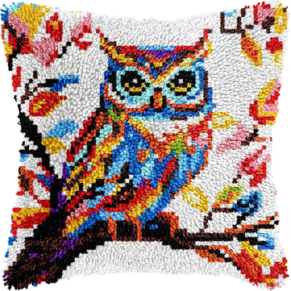 Owl Bird on Tree Latch Hook Pillow Kits for DIY Throw Pillow Cushion Embroidery Latch Hooking Pillowcase Kits with Preprinted Canvas Crochet Yarn Kits for Home Decor 17''X 17''(C193)