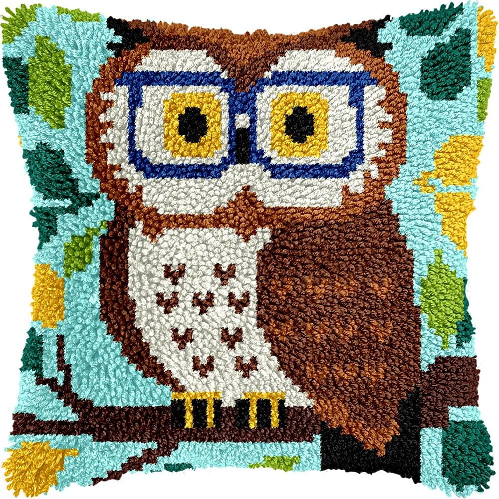 Owl Bird Wearing Glasses Latch Hook Pillow Cover Kits for DIY Handmade Throw Pillow Cross Stitch Latch Hooking Pillowcase Kits with Preprinted Color Pattern Canvas Crochet Yarn Kits 17''X 17''(7-217)