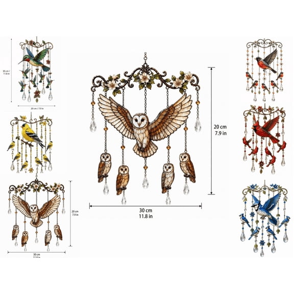Owl Bird Wind Chime with Shimmering Crystal Drops, Handmade Hanging Decor for Bird Lovers, Suitable for Outdoor and Indoor Spaces