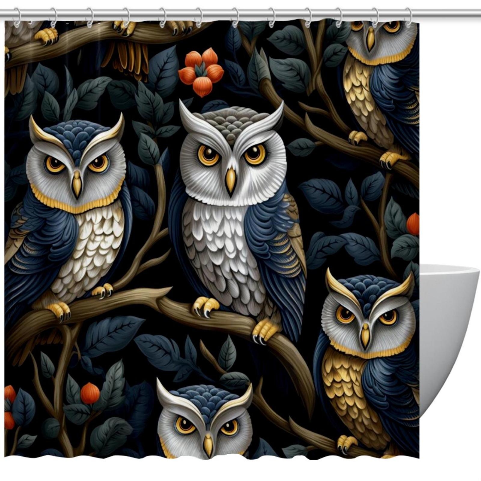 Funny Owl Shower Curtain - Vintage Cartoon Birds On Tree Branch, Waterproof 72x72 Inch With 12 Hooks