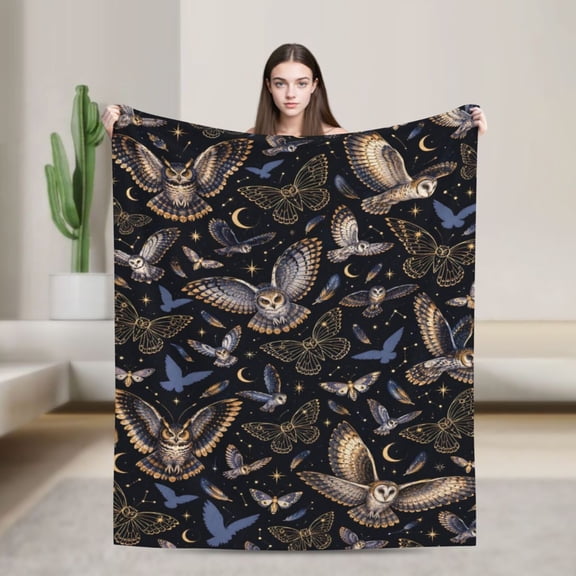 Owl Blanket Celestial Moonlit Night Sky in Navy Blue Featuring Golden Stars for Bird Lovers 50x40 in