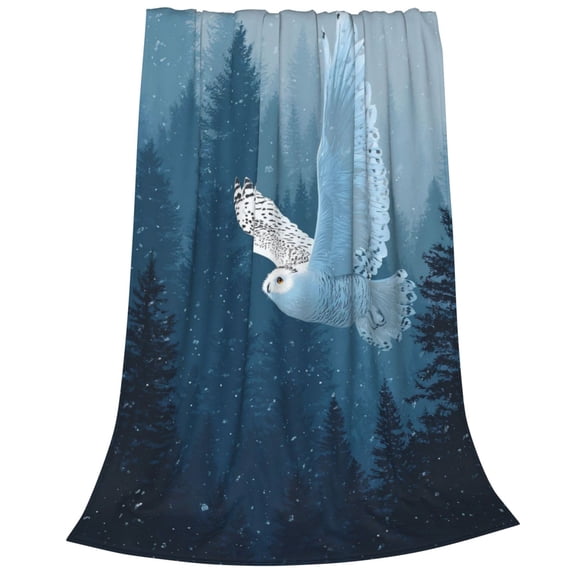 Owl Blanket Flying Snowy Owl Pine Trees, Lightweight Plush Flannel Throw, Artistic Winter Landscape Home Accent 50x40