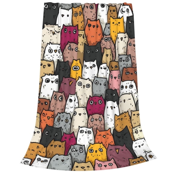 Owl Blanket Hand Drawn Faces Pattern, Soft Cozy Flannel Throw For Couch And Sofa, Whimsical Bird Theme Decor 50x40