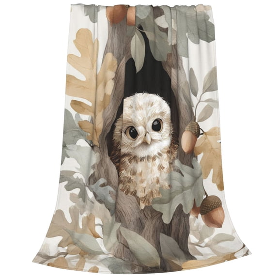 Owl Blanket Peeking Tree Hollow Oak Leaves, Soft Cozy Flannel Throw For Couch And Sofa, Whimsical Forest Nature Decor 50x40